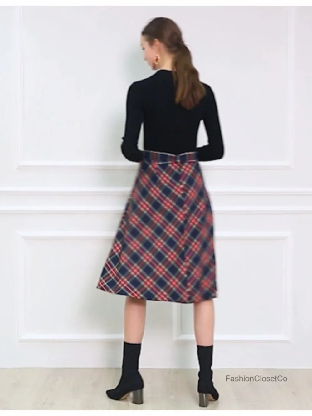 Allegra K Women Vintage Plaid Tartan High Waist Belted A-Line Midi Skirt